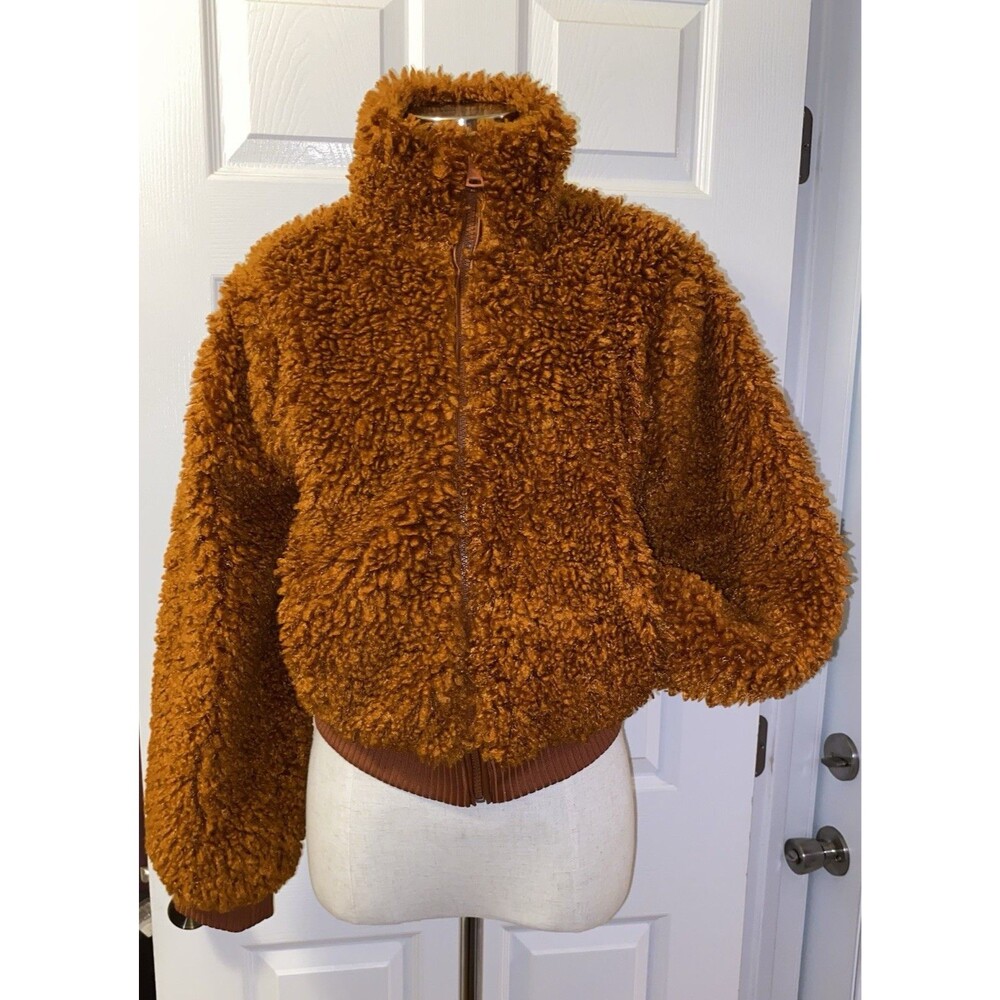 Love Tree Women's Burnt Orange Faux Fur Full Zip Bomber Jacket Size S Streetwear